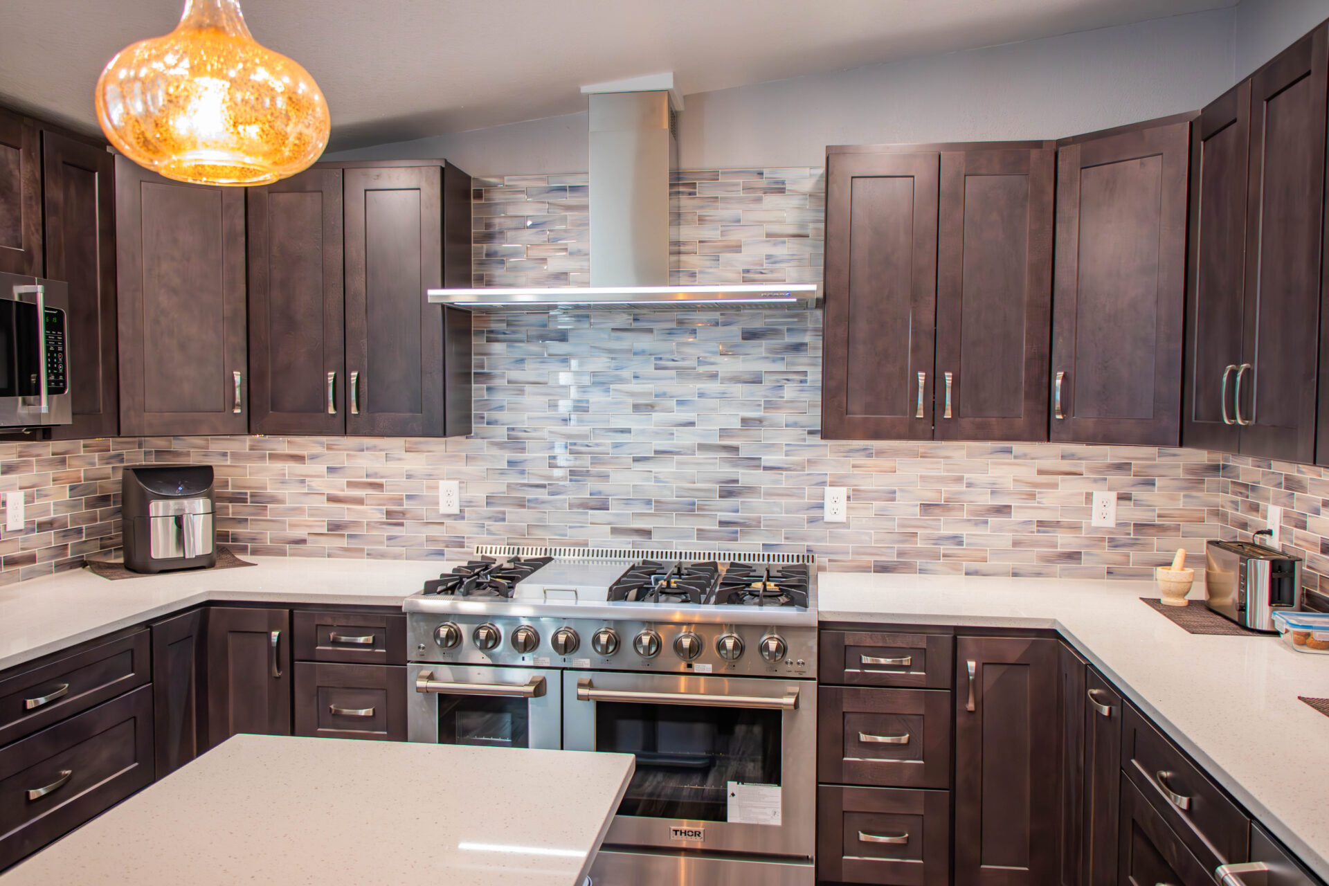 Brown Kitchen Renovation Seattle | Warm Cabinets & White Countertops