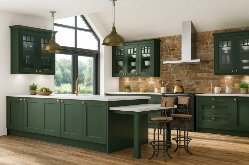 A modern 2025 kitchen design featuring dark green shaker-style cabinets with brass hardware, white countertops, and an exposed brick backsplash, complemented by industrial pendant lights, large black-framed windows, and rustic wood flooring.