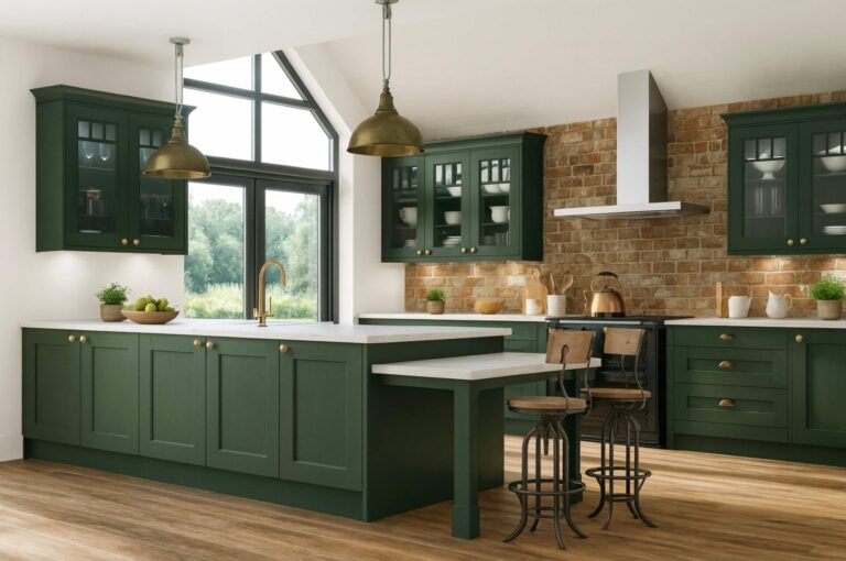 A modern 2025 kitchen design featuring dark green shaker-style cabinets with brass hardware, white countertops, and an exposed brick backsplash, complemented by industrial pendant lights, large black-framed windows, and rustic wood flooring.